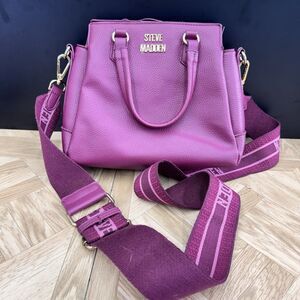 Steve Madden Plum Pebbled Leather Satchel Crossbody Bag with Logo Guitar Strap